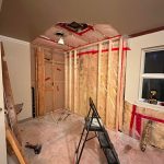 Bathroom demolished down to the wall studs before renovation