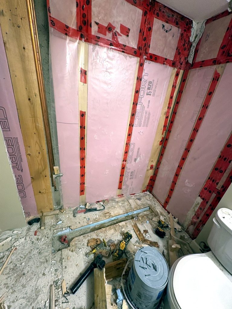 Walk-in shower framing with built-in bench Langley