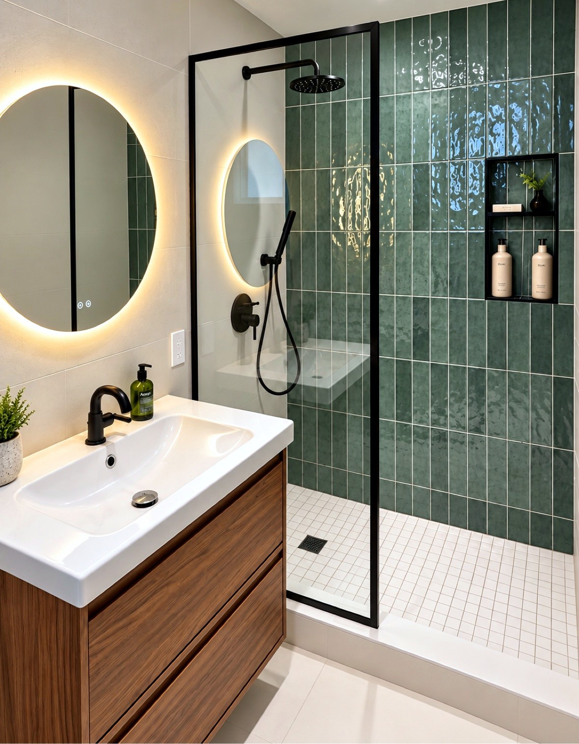 Finished walk-in shower renovation in North Vancouver, BC with glossy green tile and floating wood vanity