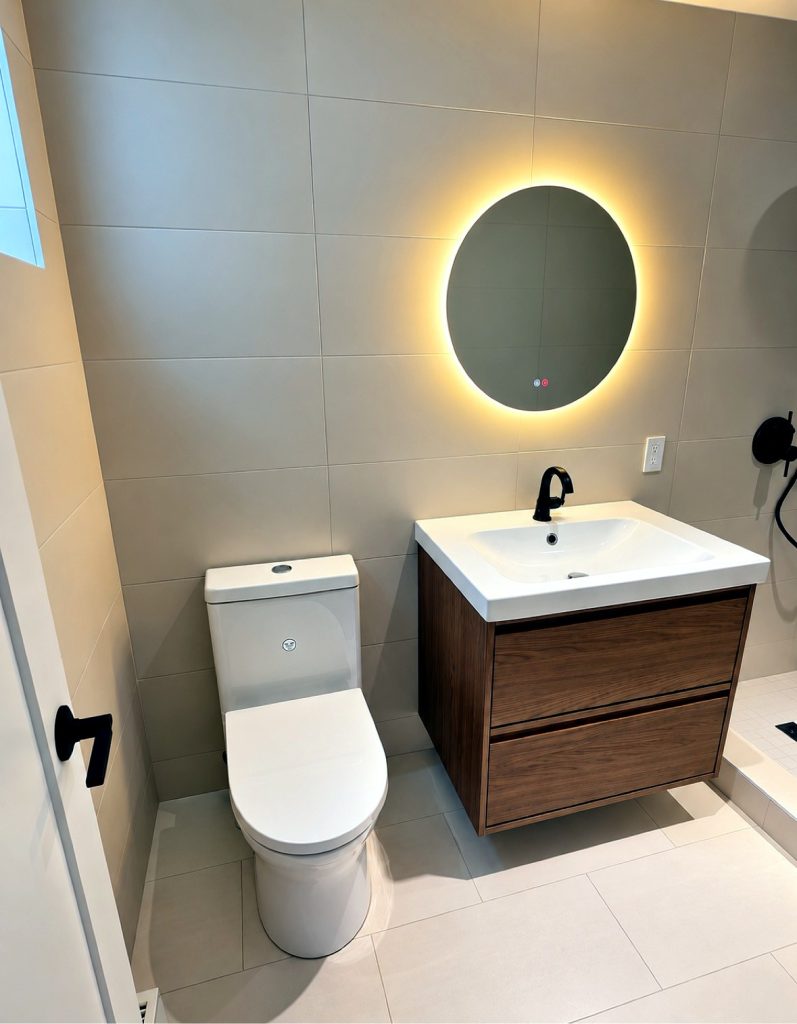 Floating wood vanity with round LED mirror after a North Vancouver bathroom renovation