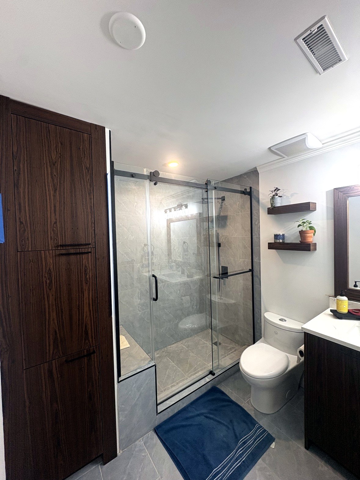 Finished full bathroom renovation in Langley, BC with walk-in shower and custom vanity