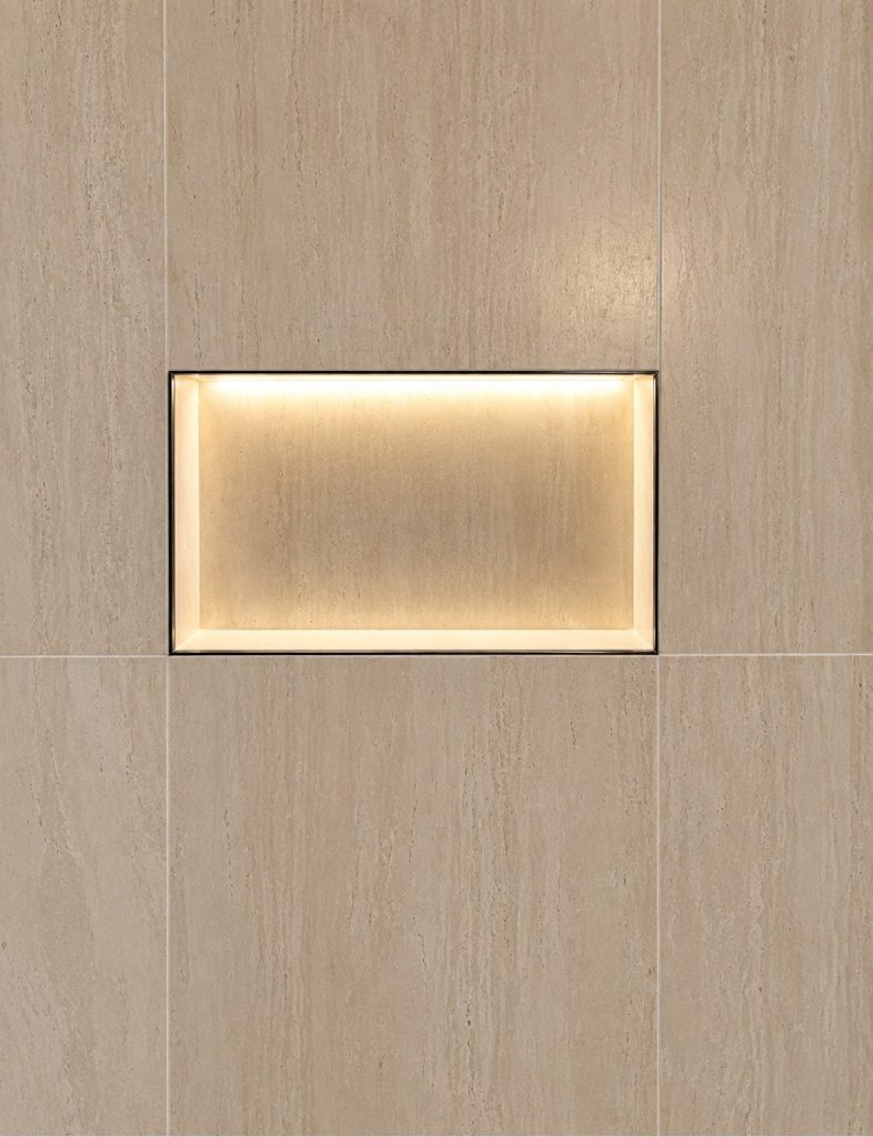 Lighted wall niche in tiled shower, Burnaby bathroom renovation by CMLCO