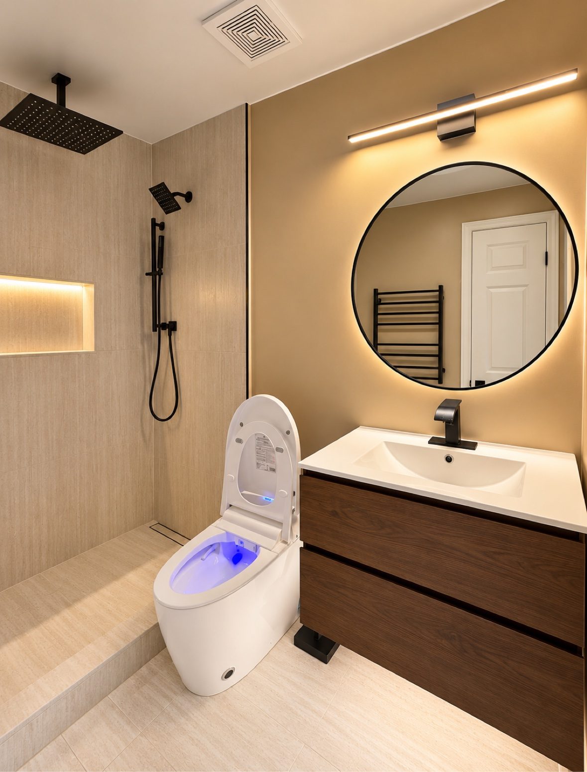 Finished luxury bathroom renovation in Burnaby, BC with matte black thermostatic shower