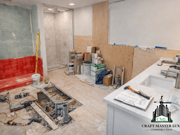 bathroom renovation construction phase with plumbing and preparation in Vancouver