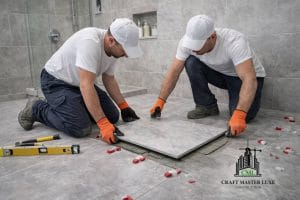 Professional porcelain tile installation in a bathroom renovation in Vancouver