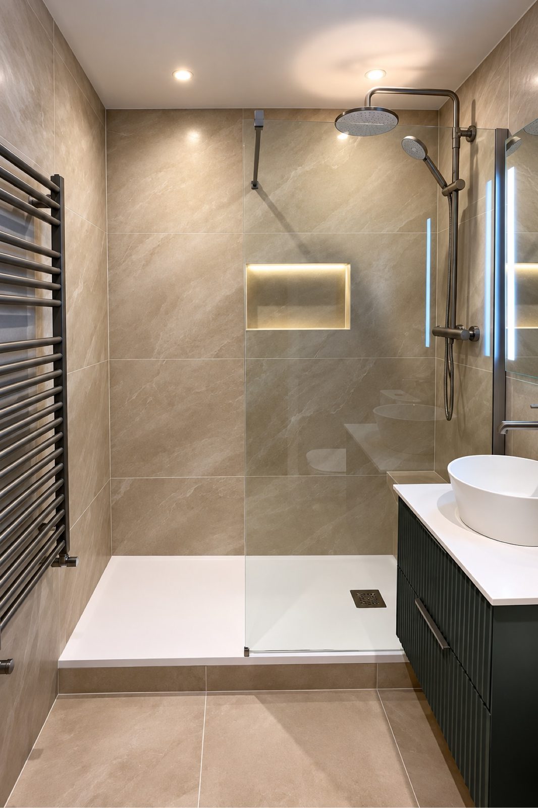 Finished shower and vanity remodel in Richmond, BC with ceramic tile and lighted niche